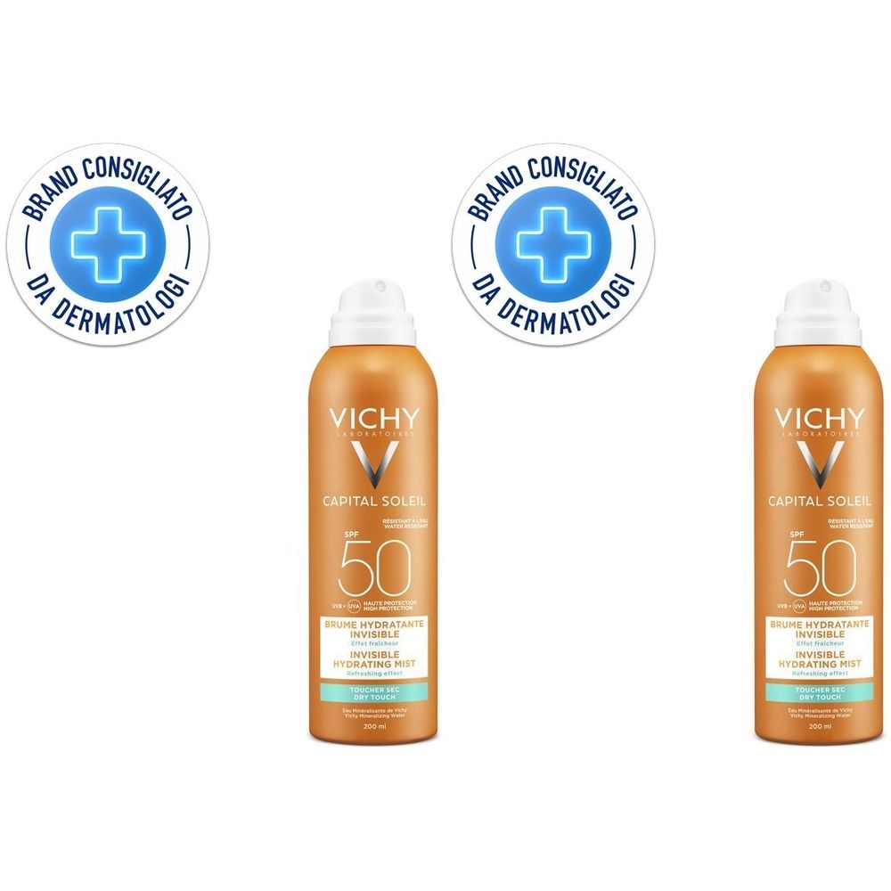 Due spray marroni con tappo bianco. Scritte: VICHY, CAPITAL SOLEIL, SPF 50. Etichetta: Brand Consigliato da Dermatologi.
