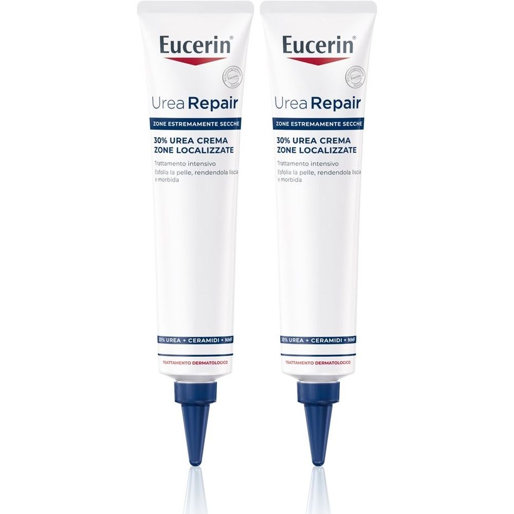 Due tubi di crema Eucerin UreaRepair. Tubi bianchi con scritte e tappo blu. Nome del prodotto e ingredienti.