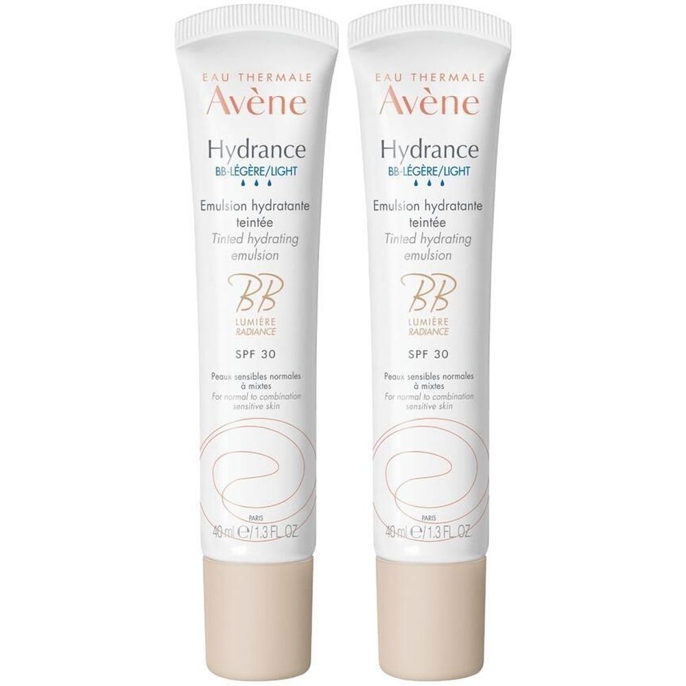 Due tubi di crema. Scritta: Eau Thermale Avène Hydrance BB-LEGERE/LIGHT, SPF 30. Per pelli normali e miste.