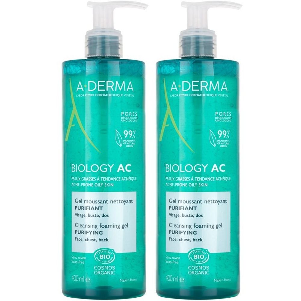 A-Derma Biology AC Gel Detergente 400ml - Pelle grassa a tendenza acneica, anti-imperfezioni Set da 2