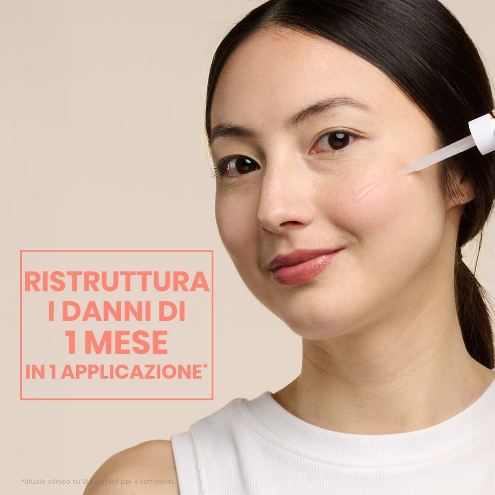 Donna che applica il siero sulla guancia con una pipetta. Testo in italiano: 'Ristruttura i danni in 1 mese in 1 applicazione'.