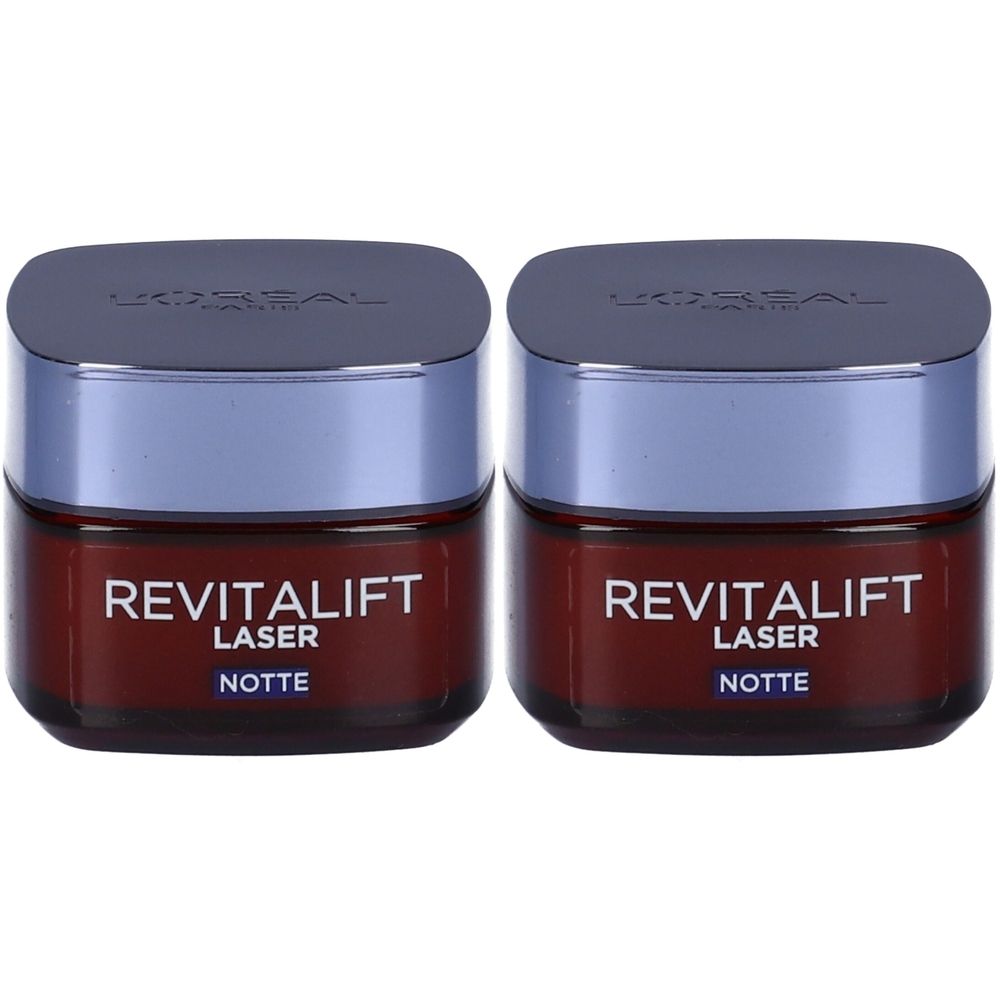 Due vasetti di crema notte. Vetro marrone, coperchio argentato. Scritta: Revitalift Laser, Notte.