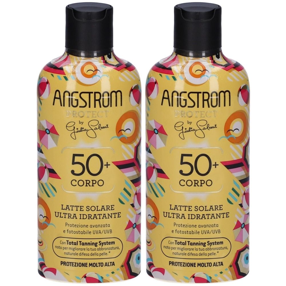 Due flaconi di latte solare con tappo nero. Sfondo giallo con motivi spiaggia. Scritta: Angstrom, 50+ Corpo, Latte Solare.