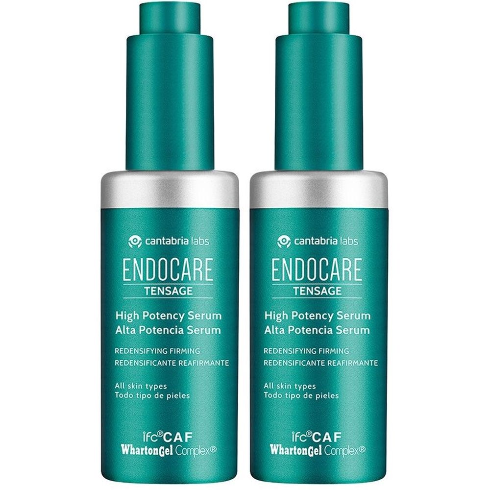 Due flaconi di siero Endocare Tensage. Flaconi turchesi con tappi argentati. Testo: High Potency Serum, Redensifying Firming.