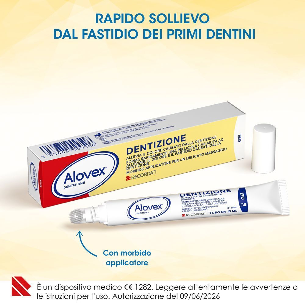 Tubo di gel Alovex® Dentizione con applicatore e tappo rimosso.