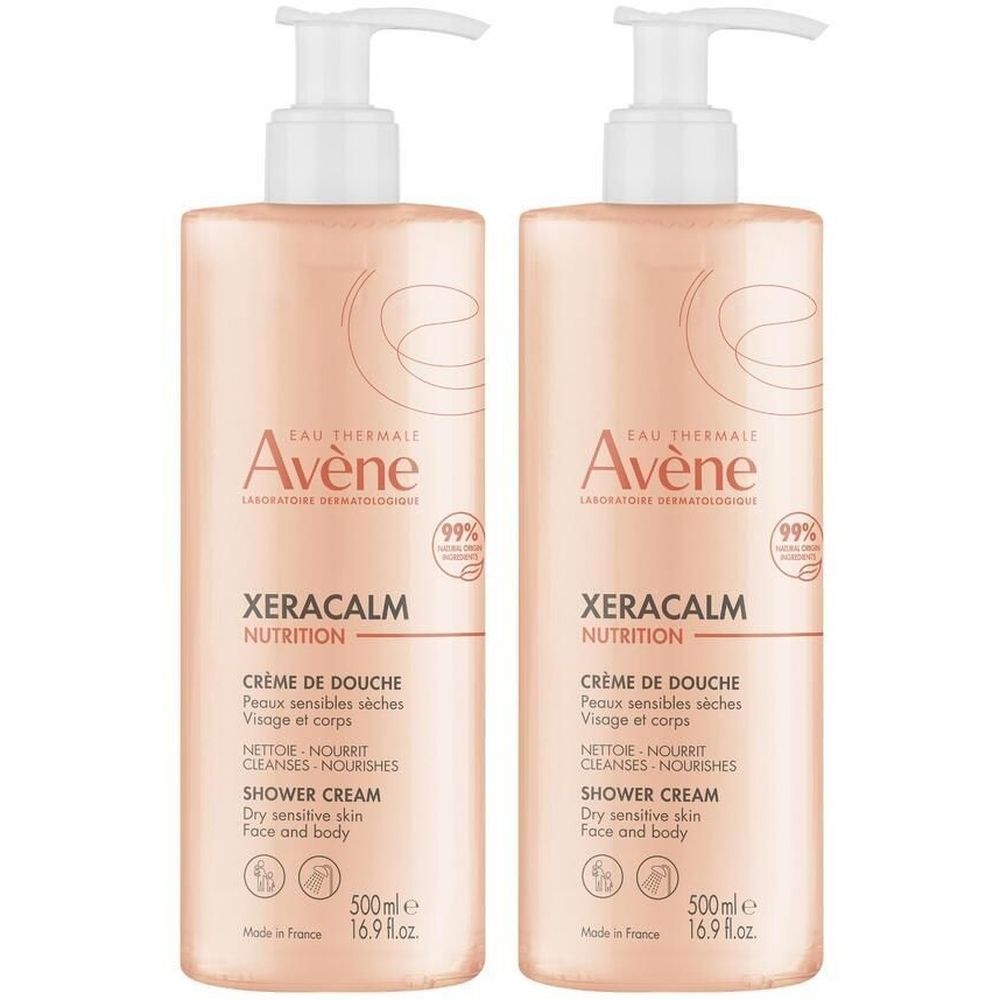 Due flaconi di crema doccia Avène Xeracalm Nutrition con dosatore a pompa. Per pelli secche e sensibili. 500ml.