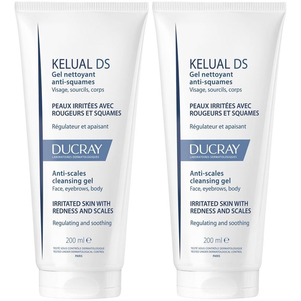 Due tubi bianchi con testo blu. Scritto: KELUAL DS, Gel nettoyant anti-squames, Ducray. Gel detergente anti-squame.