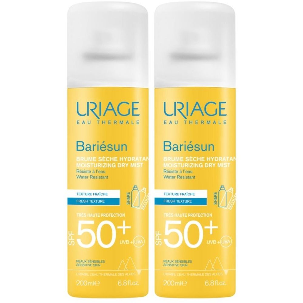 Due spray URIAGE Bariésun. Flaconi gialli con tappo bianco. Scritta: SPF 50+.