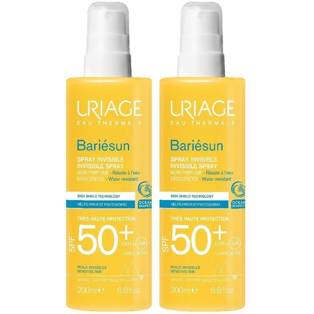 Due spray gialli con erogatore bianco. Scritta: URIAGE, Bariésun, SPF 50+. Testo: Spray Invisible, Invisible Spray.