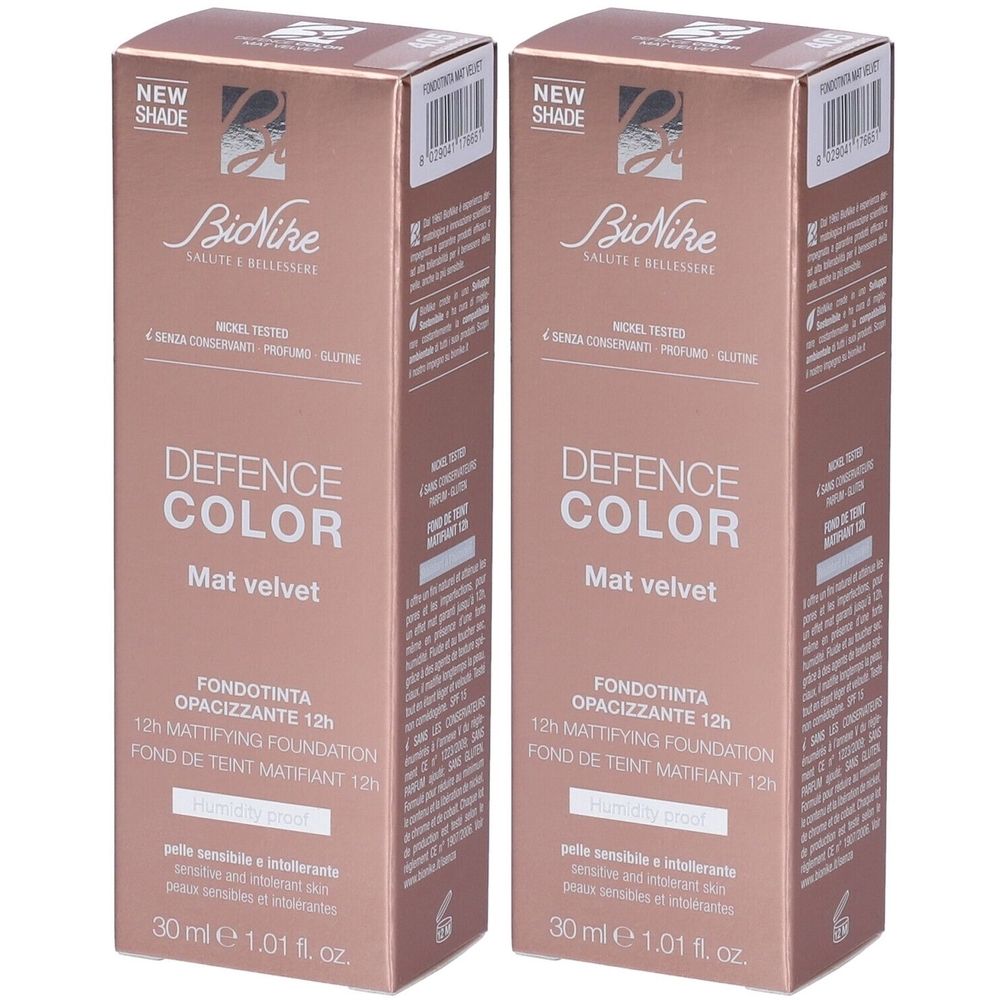 BioNike Defence Color Mat Velvet Fondotinta Opacizzante 12h Colore 405 Miel Dore Set da 2