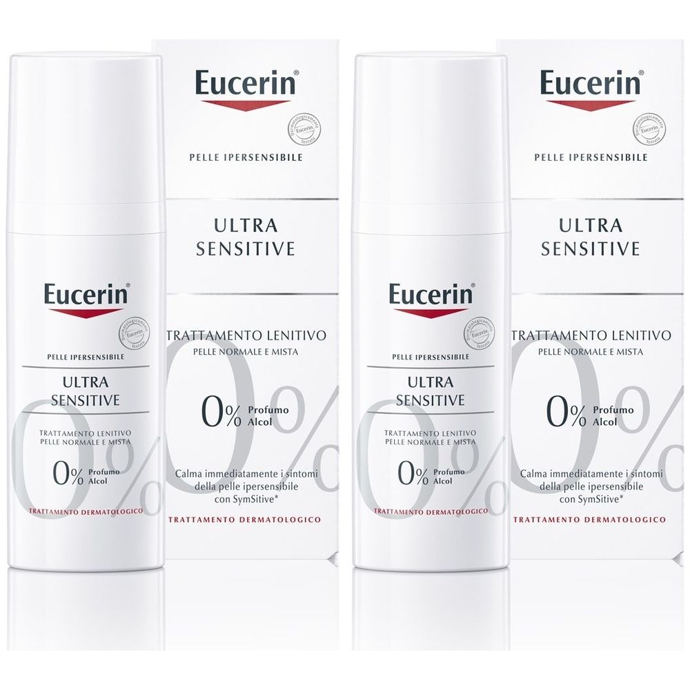 Due flaconi e confezioni Eucerin UltraSENSITIVE. Flaconi bianchi con testo rosso. Confezione con informazioni sul prodotto.