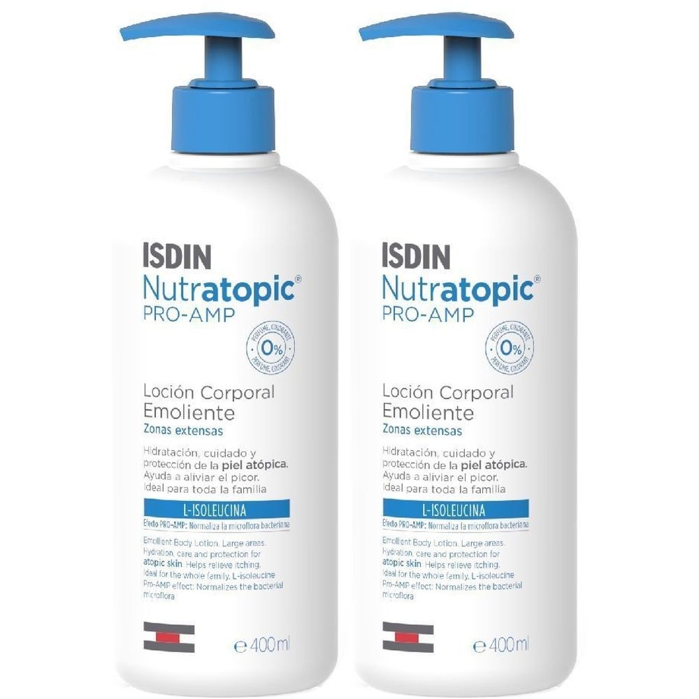 Due flaconi bianchi con erogatore blu. Scritta: ISDIN Nutratopic PRO-AMP, Emolliente, 0%. Contiene L-Isoleucina. Ogni flacone 400ml.