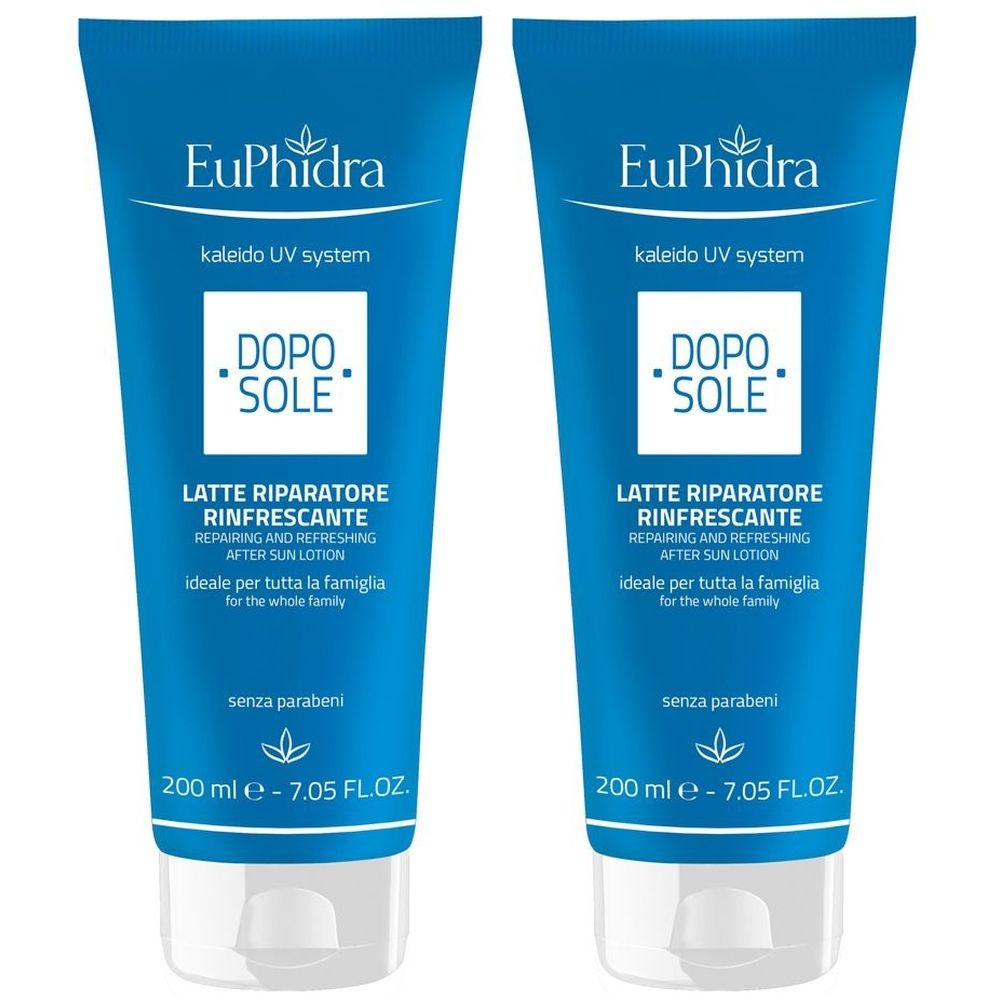 Due tubi blu con tappo bianco. Scritta: EuPhidra, Doposole, Latte Riparatore Rinfrescante. 200 ml.