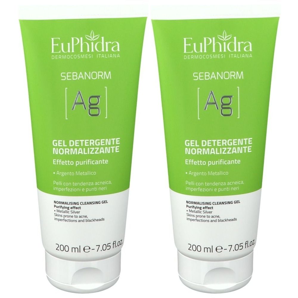Due tubi verdi EuPhidra SEBANORM Gel Detergente. Scritta: GEL DETERGENTE NORMALIZZANTE, 200 ml.