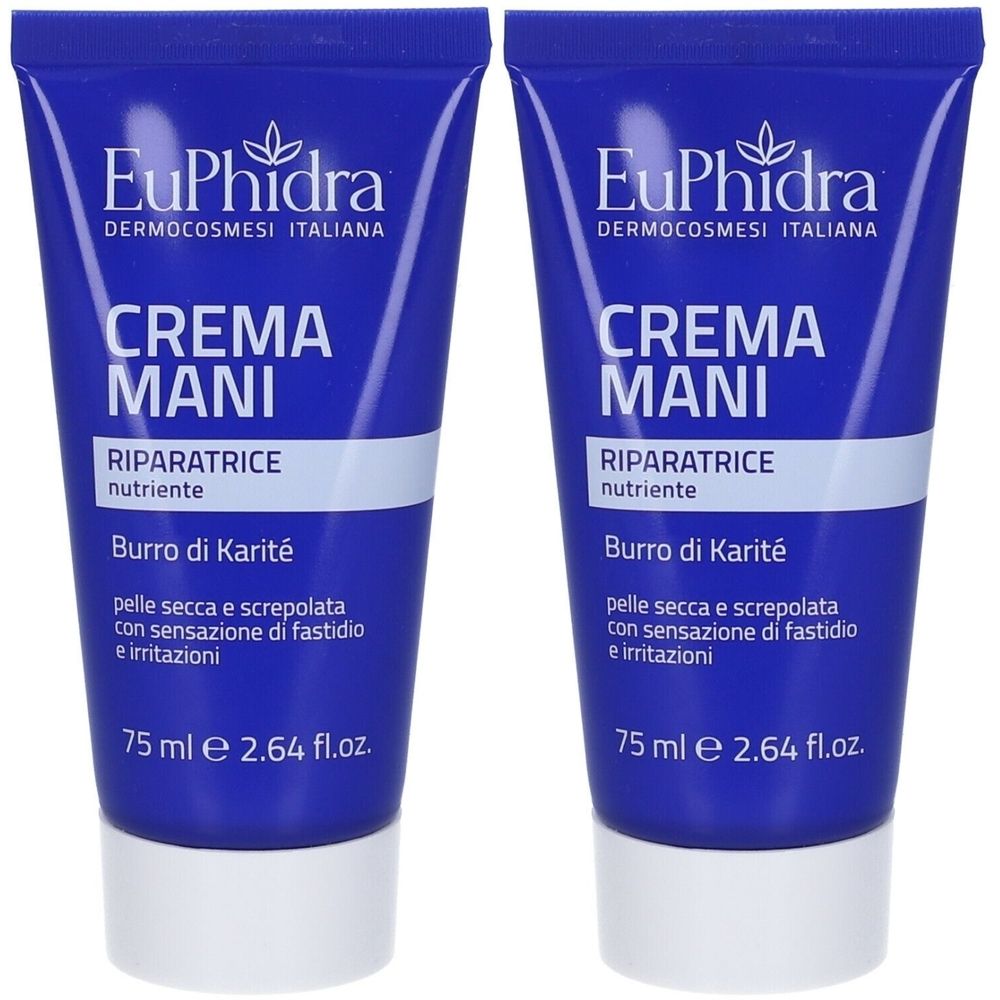 Due tubi blu di crema mani. Scritta: EuPhidra, Crema Mani, Riparatrice, Burro di Karité. 75 ml.