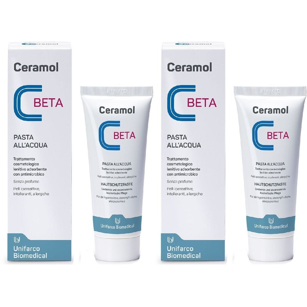Due tubi e due scatole. Scritta Ceramol Beta Pasta all'acqua. Logo Unifarco Biomedical.