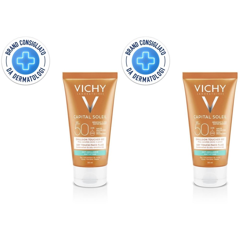Due tubi di crema solare SPF 50. Scritta: Vichy Capital Soleil. Sigillo: Brand Consigliato da Dermatologi.