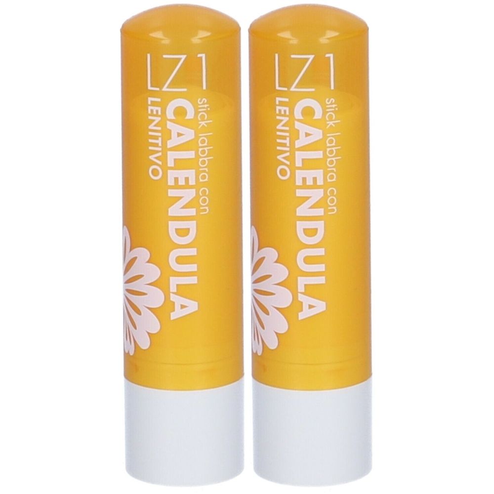 Due stick labbra gialli con base bianca. Scritta: Calendula, stick labbra con, Leniitivo.