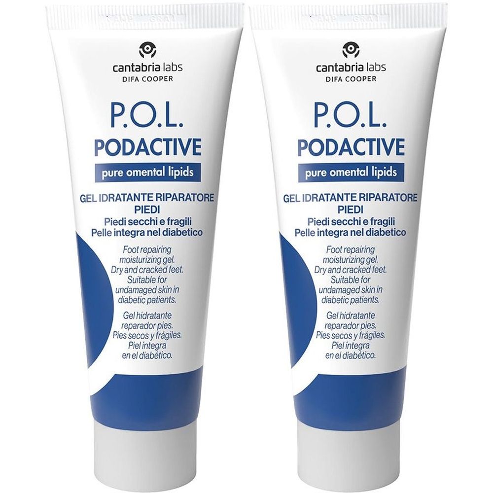 Due tubi di gel P.O.L. Podactive. Tubi bianchi con testo e logo blu. Gel idratante per piedi secchi e diabetici.