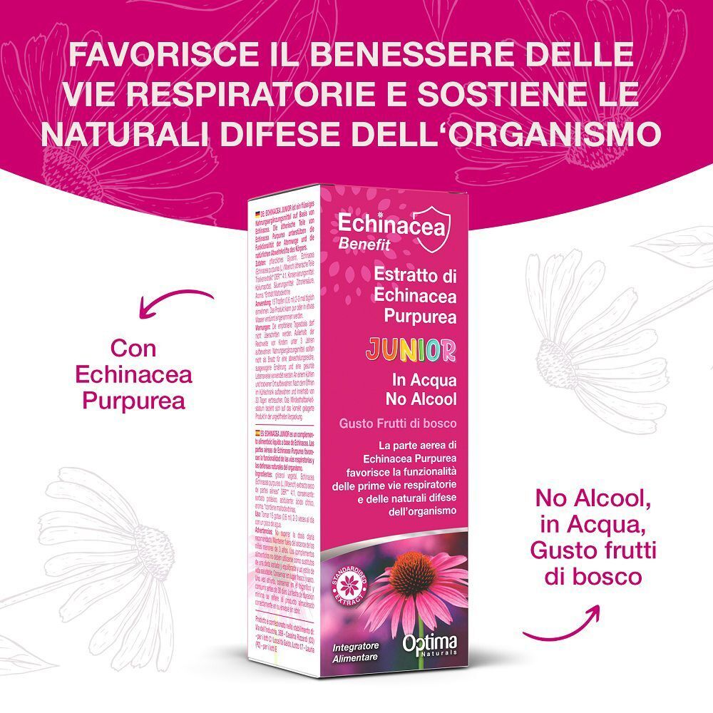 Flacone e scatola di estratto di echinacea junior senza alcool con descrizione dei benefici.