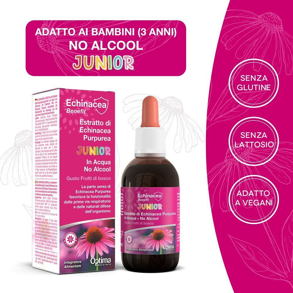Flacone e scatola di estratto di echinacea junior senza alcool, adatto ai bambini dai 3 anni.