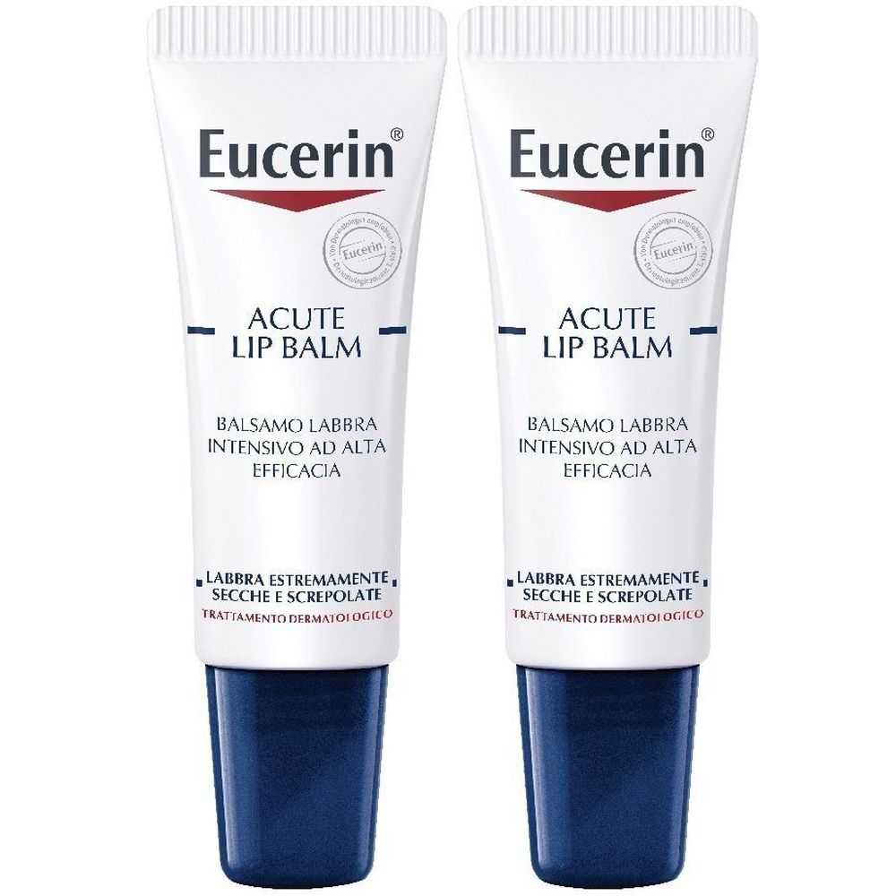 Due tubetti di balsamo labbra. Tubetti bianchi con testo rosso e blu. Marchio Eucerin. Testo: Acute Lip Balm.