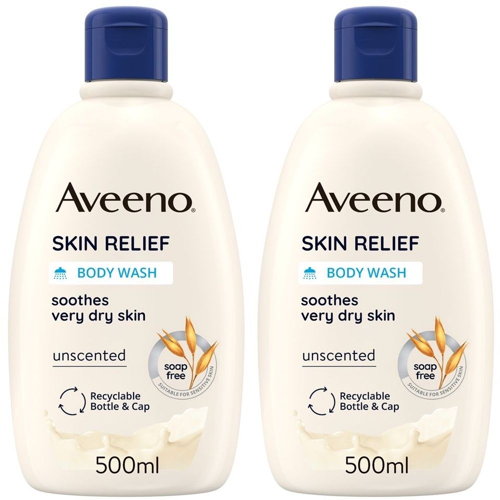 Aveeno Skin Relief Bagnodoccia Idratante per Pelle Molto Secca e Sensibile, Ipoallergenico, Bagnoschiuma Senza Profumo e Senza Sapone, Formula Vegana 500 ml Set da 2