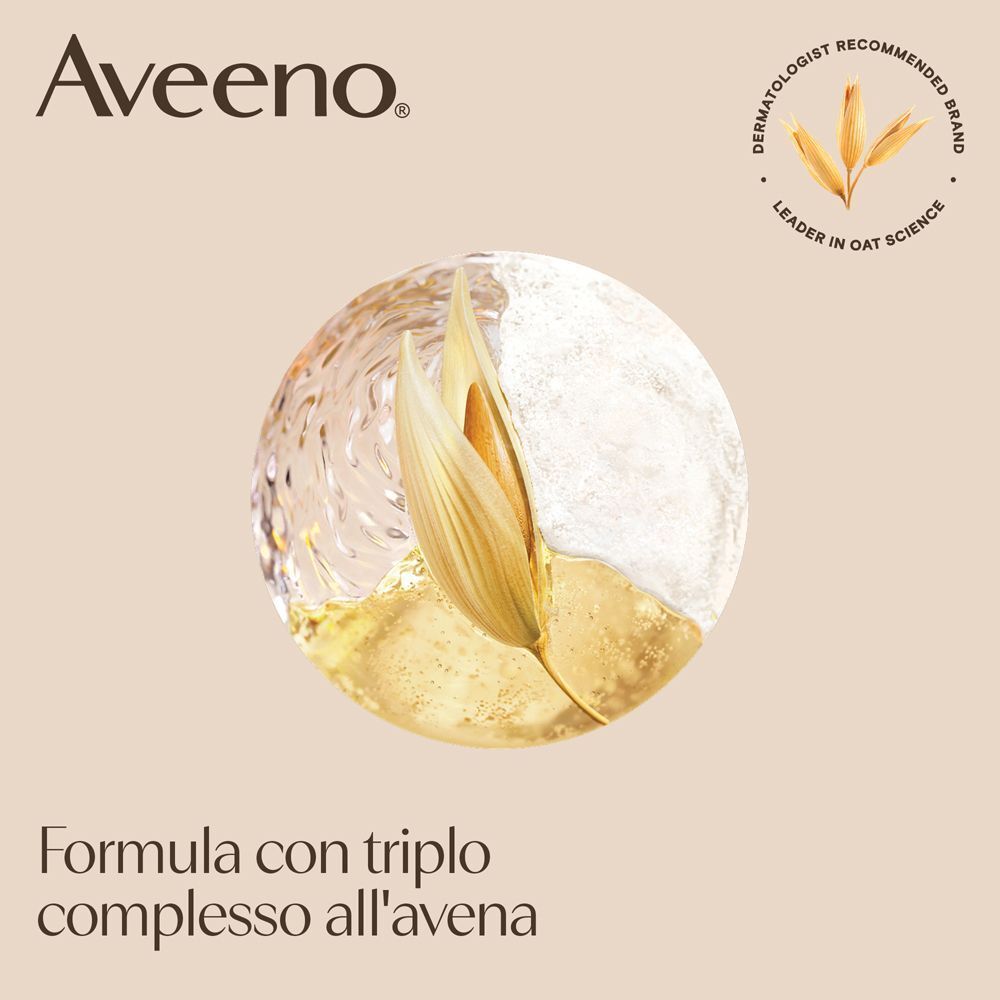 Logo Aveeno. Cerchio con nucleo di avena e texture liquide e solide. Marchio raccomandato dai dermatologi.