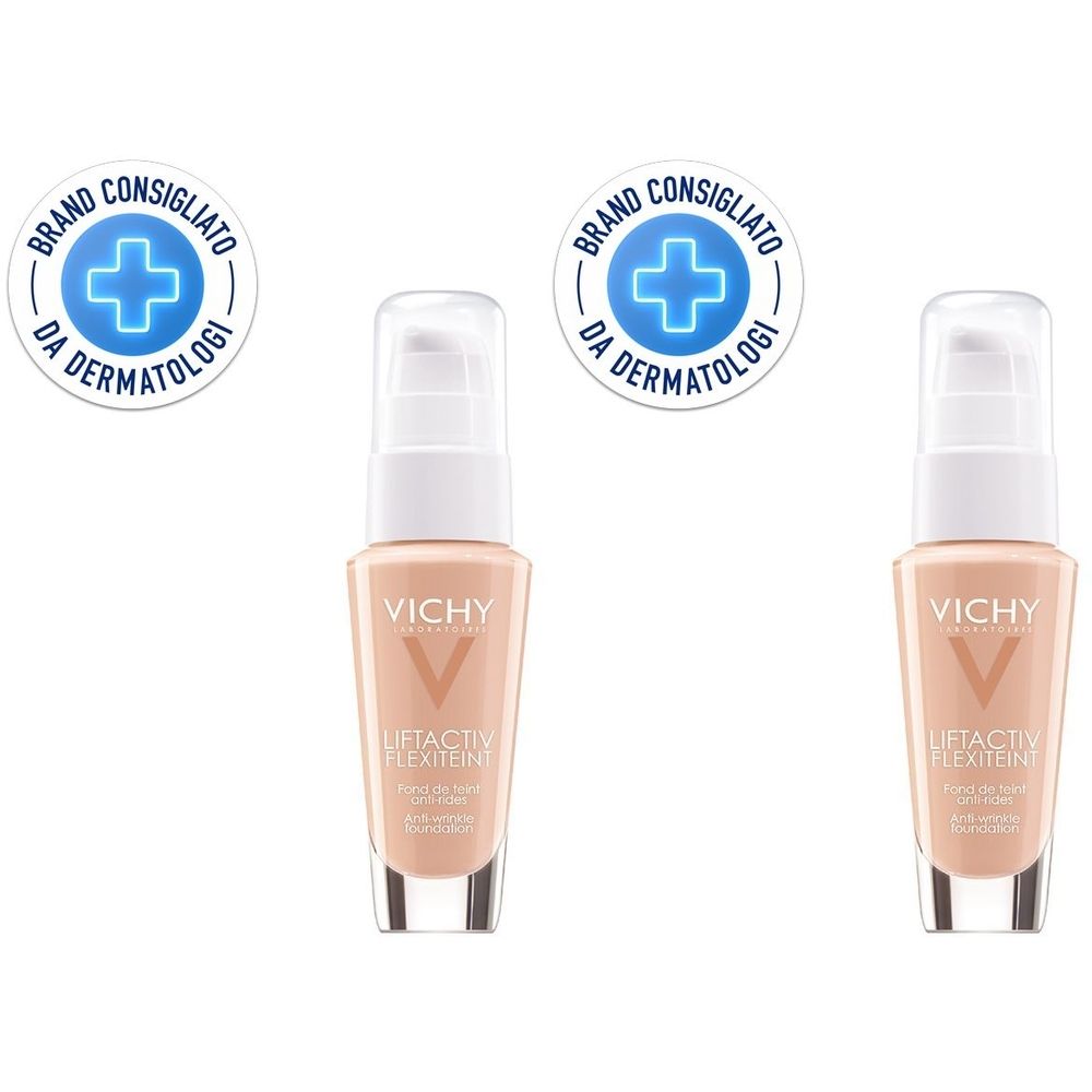 Due flaconi di fondotinta con erogatore bianco. Scritta: VICHY, LIFTACTIV FLEXITEINT. Sopra: Brand Consigliato da Dermatologi.