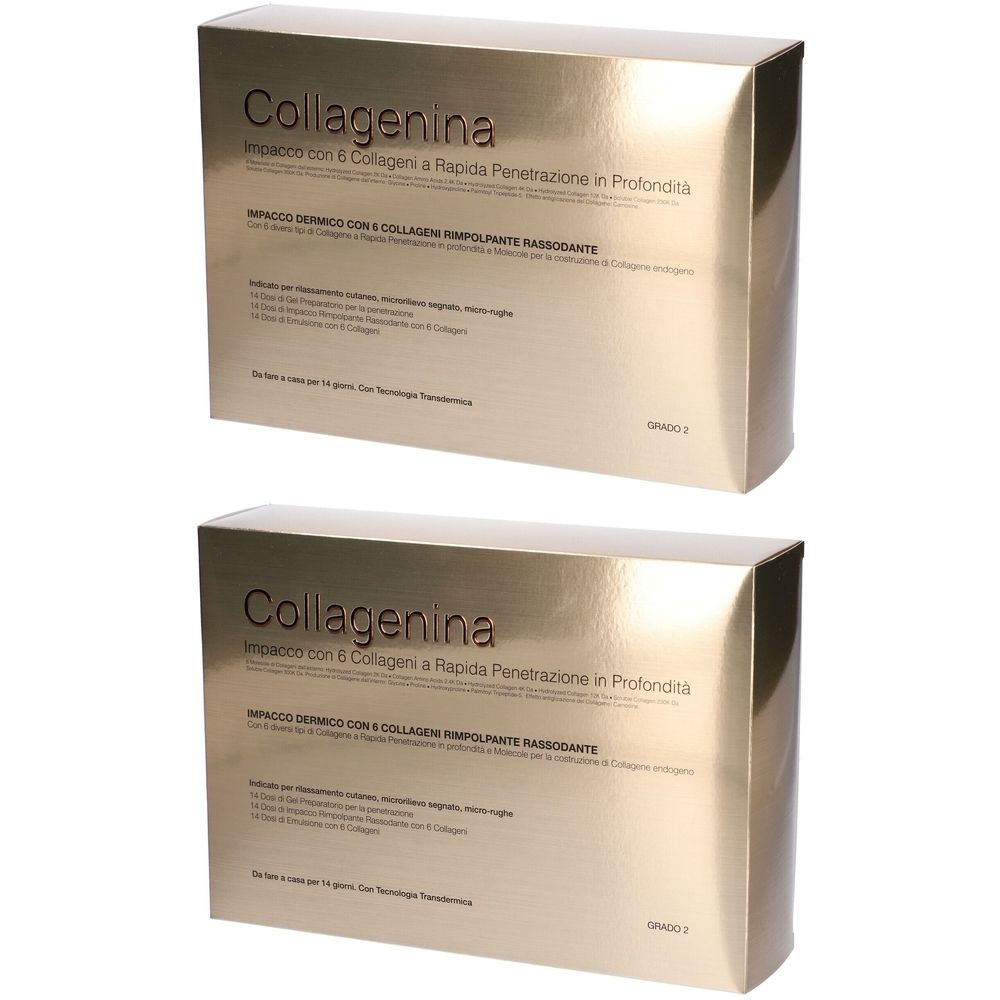 Due scatole dorate con la scritta "Collagenina". Testo in italiano.