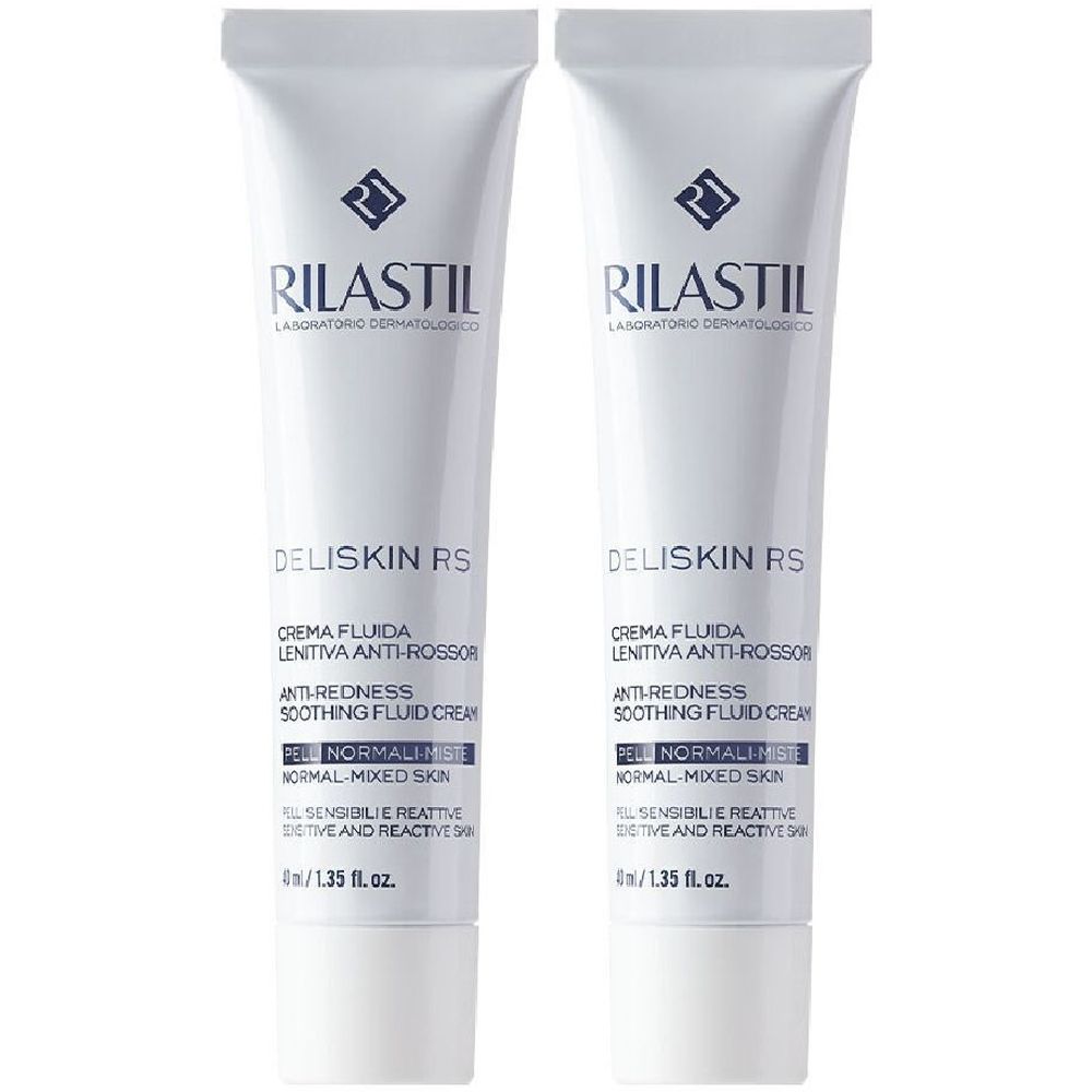 Due tubi di crema RILASTIL Deliskin RS. Tubi bianchi con testo blu. Testo: Anti-rossore, crema fluida lenitiva.