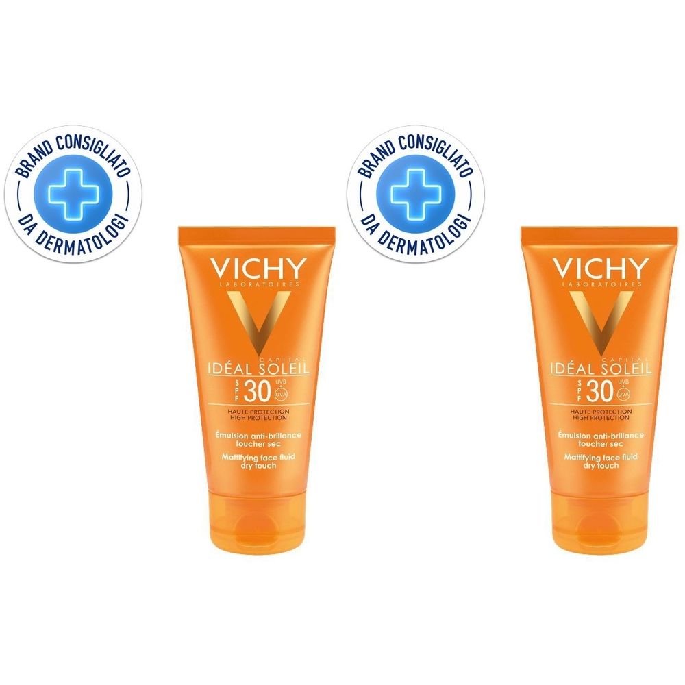 Due tubi di crema solare SPF 30. Scritta: Vichy, Ideal Soleil. Consigliato dai dermatologi.
