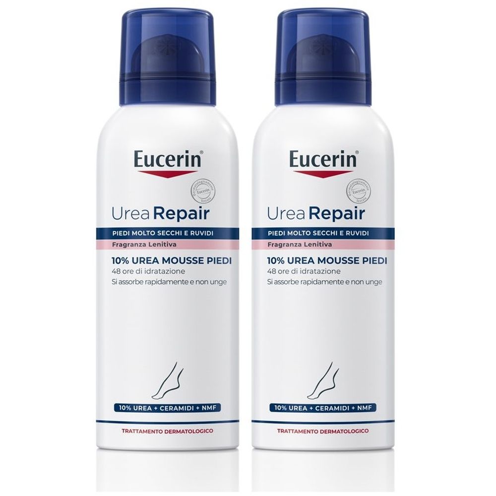 Due flaconi bianchi con tappi blu. Scritta: Eucerin UreaRepair Mousse Piedi. Striscia rosa con testo.