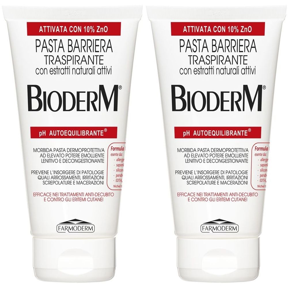 Due tubi bianchi con testo rosso. Scritto: Pasta Barriera Traspirante. Marchio: Bioderm. pH autoequilibrante.