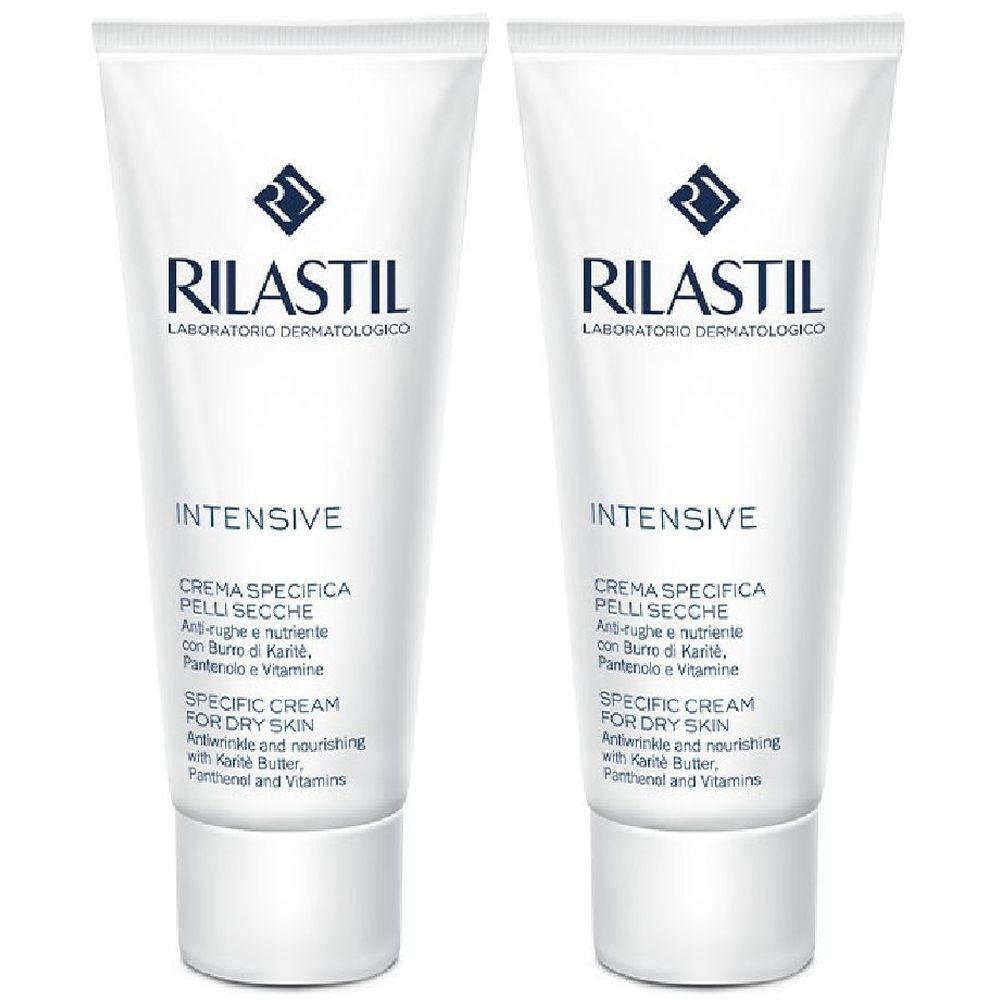 Due tubi bianchi con stampa. Scritta: RILASTIL, INTENSIVE, Crema Specifica Pelli Secche, Specific Cream For Dry Skin.