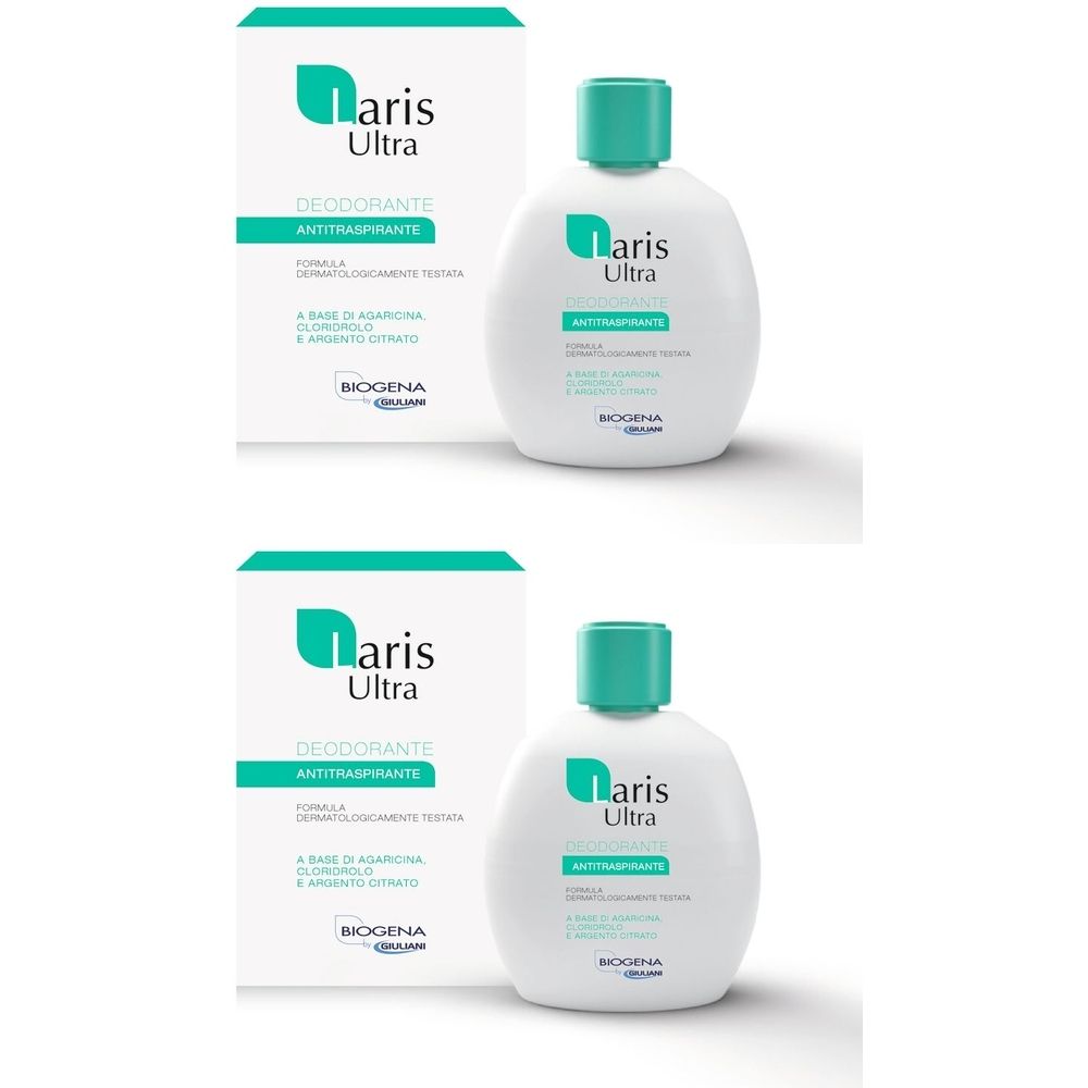 Due flaconi e scatole. Scritta Laris Ultra, Deodorante, Antitraspirante. Confezione verde e bianca.