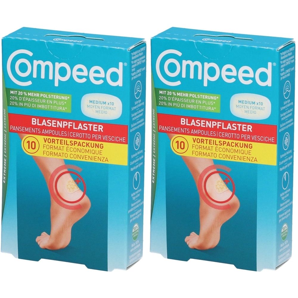 Due confezioni di cerotti Compeed. Confezione blu con informazioni e immagine di un piede.