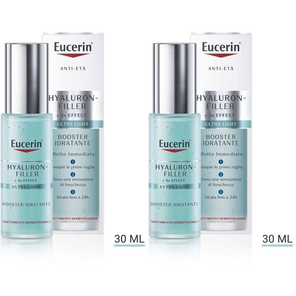 Due flaconi Eucerin Hyaluron-Filler Booster Idratante, 30 ml, con confezione. Tappo argento, liquido blu, scatola bianca.