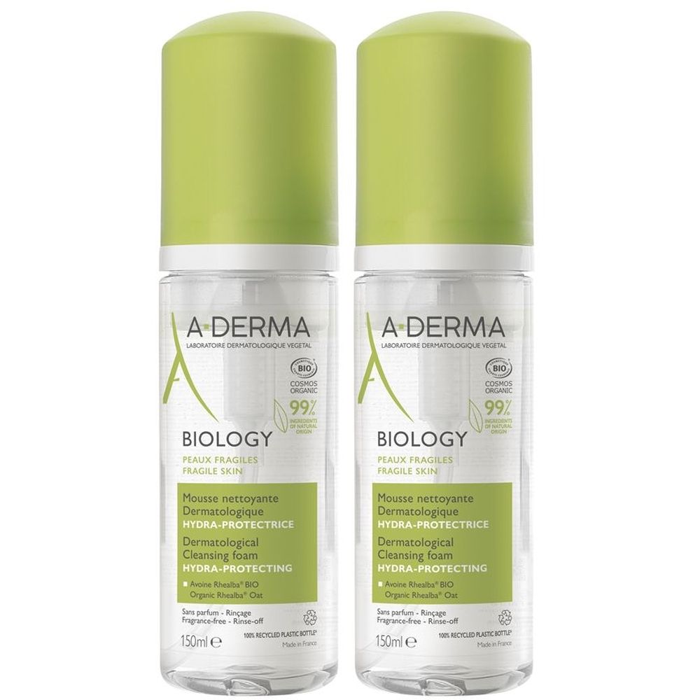 A-Derma Biology  Mousse detergente dermatologica idra-protettiva 150ml - Pelle normale, mista - Pelle fragile Set da 2
