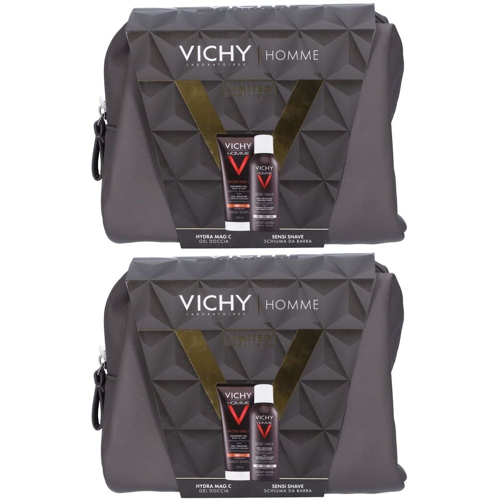 Due trousse grigie con prodotti Vichy Homme. Contiene gel doccia e crema da barba. Cerniere nere.