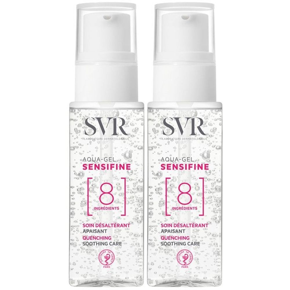 Due flaconi trasparenti con erogatore bianco. Scritte: SVR, AQUA-GEL SENSIFINE, [8] INGREDIENTS, SOIN DÉSALTERANT, APAISANT, QUENCHING, SOOTHING CARE.