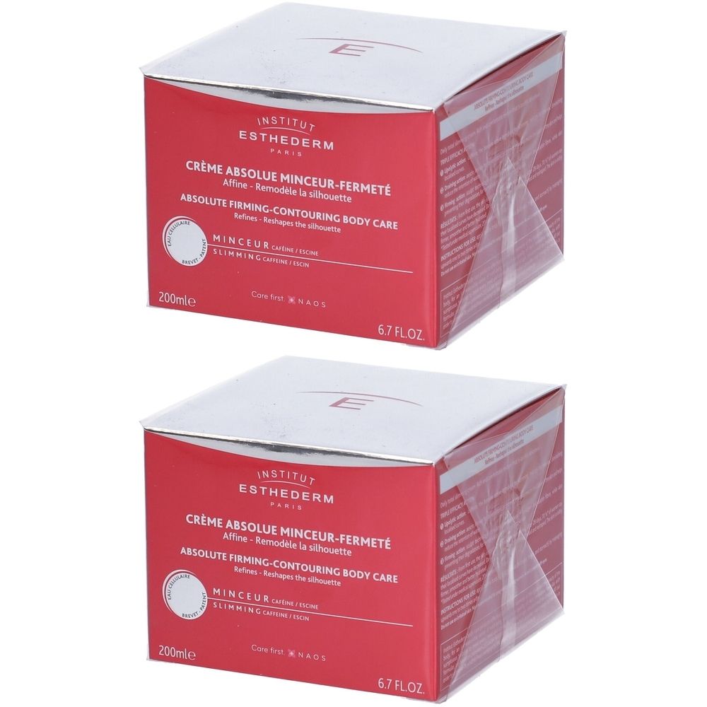 Due scatole quadrate rosse e argento. Scritta: Institut Esthederm, Crème Absolue Minceur-Fermeté, 200ml, 6.7 FL.OZ.