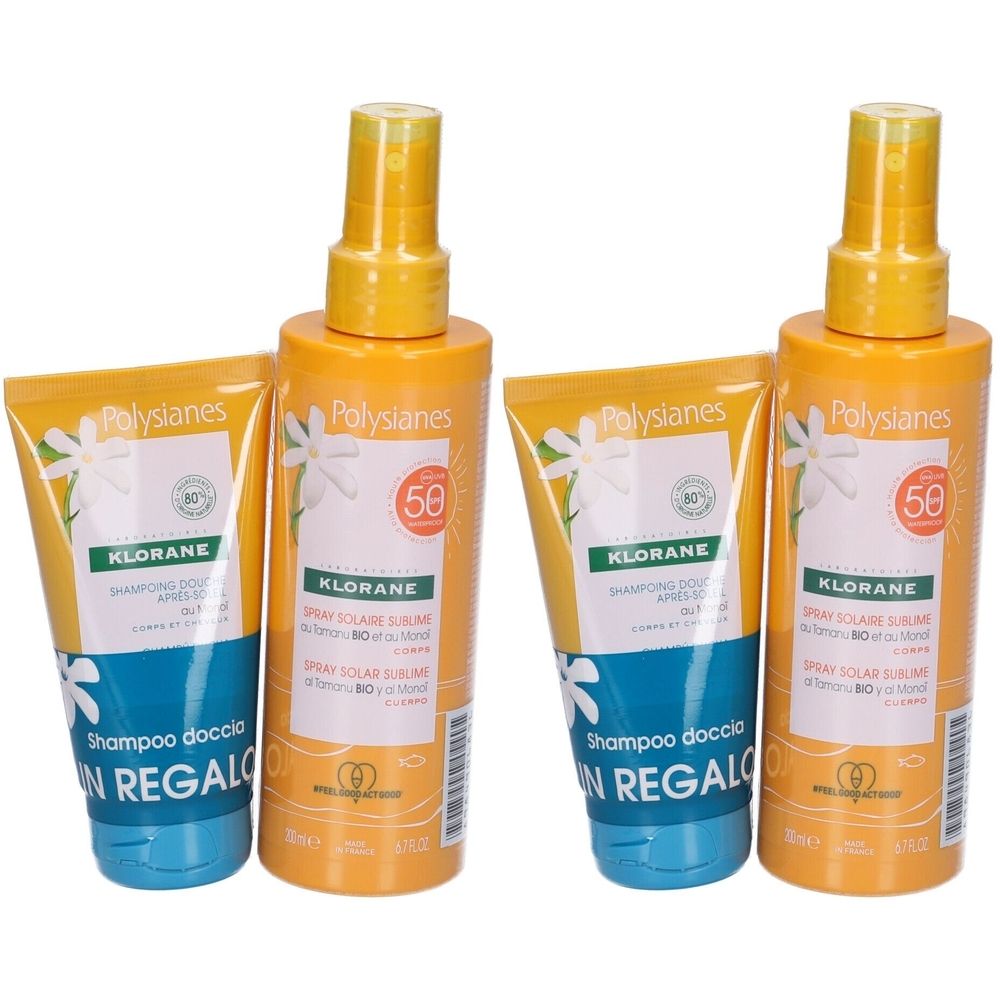 KLORANE Spray Solare Sublime SPF 50 + Shampoo Doccia Doposole al Monoï Set da 2