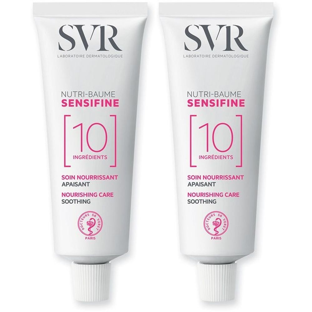 Due tubi bianchi SVR Sensifine. Scritte: SOIN NOURRISSANT APAISANT, NOURISHING CARE SOOTHING. Contiene 10 ingredienti.