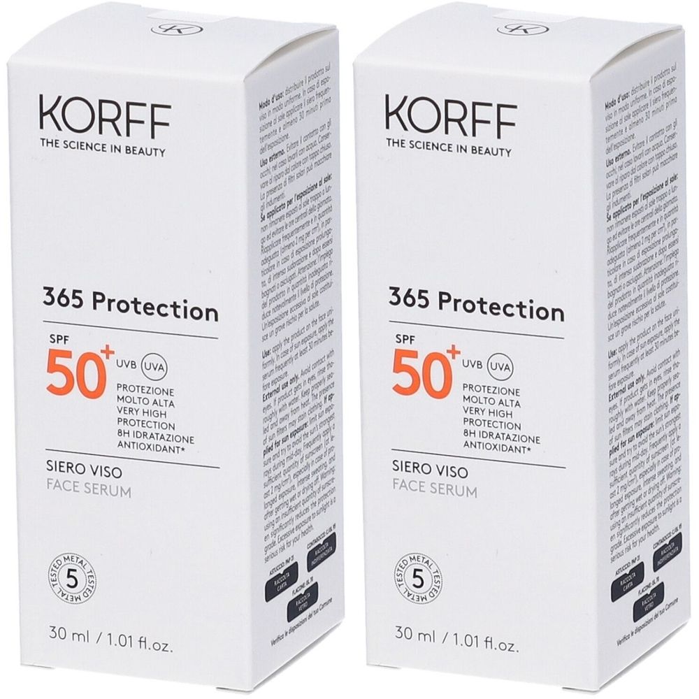 Due scatole bianche. Scritte: KORFF, 365 Protection SPF 50+, Siero Viso, Face Serum. Contengono informazioni.