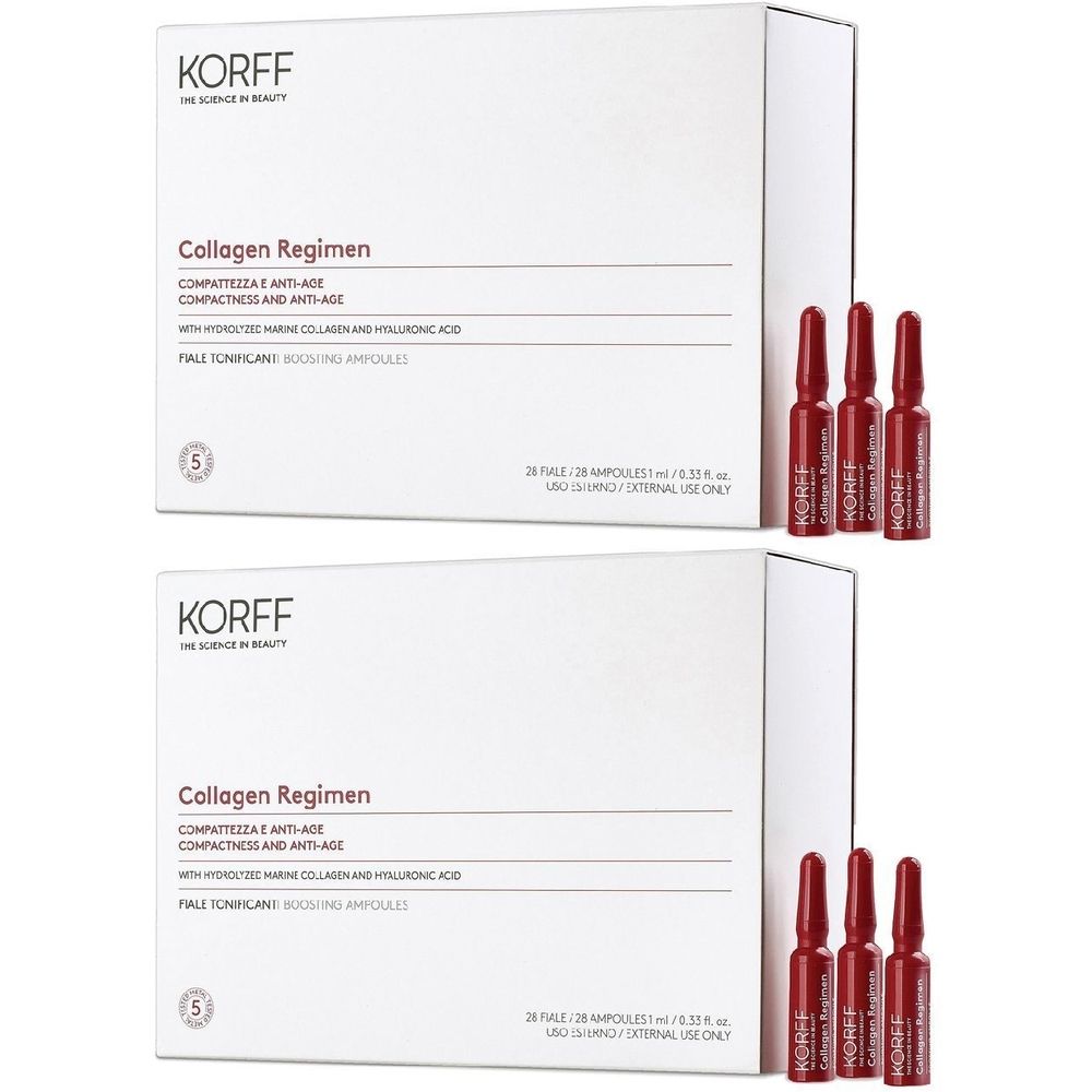 Due scatole bianche con logo KORFF e testo del prodotto. Accanto, fiale rosse. Scritta: Collagen Regimen.
