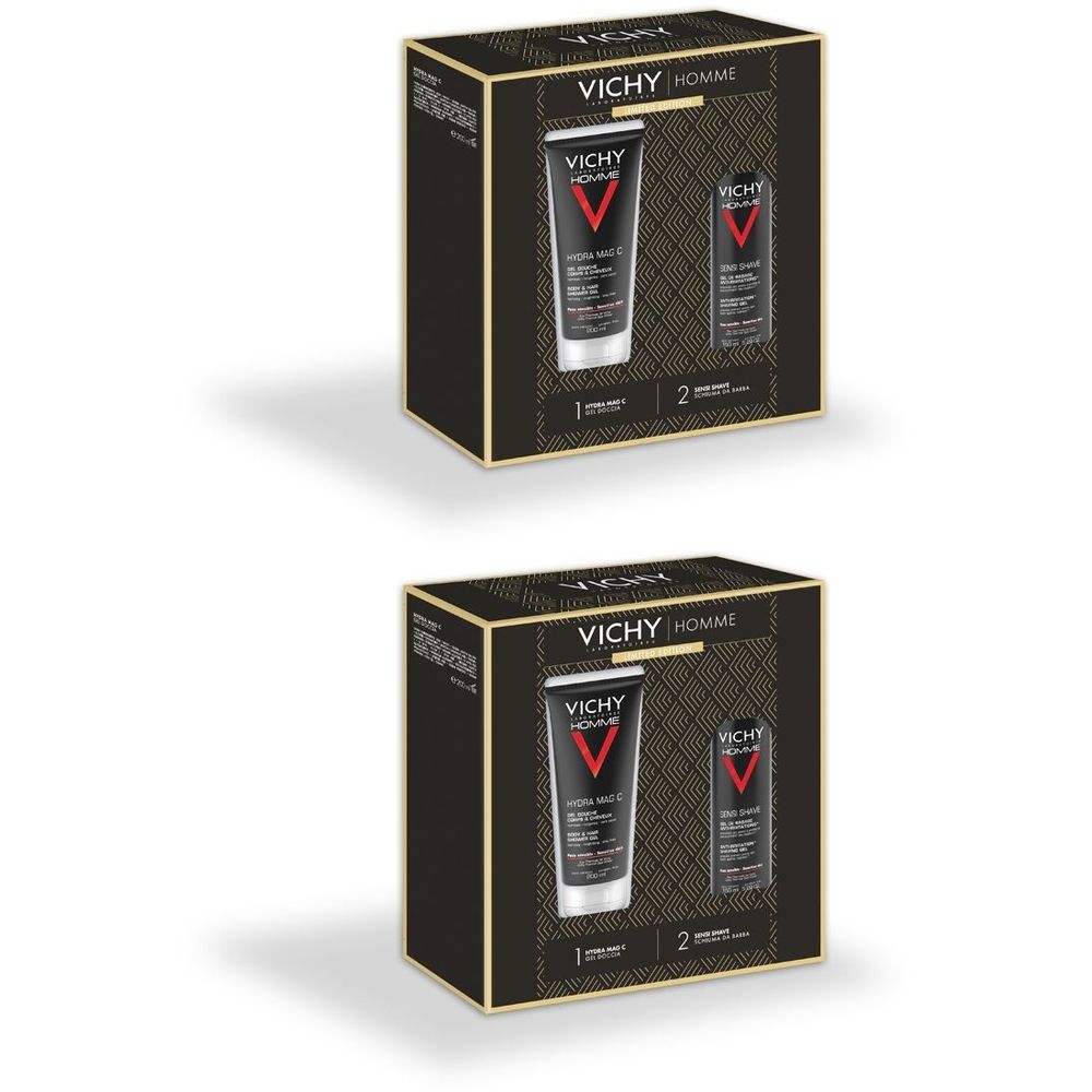 Due confezioni regalo. Ogni confezione contiene due prodotti: gel doccia e rasoio. Confezione nera con dettagli dorati e logo.