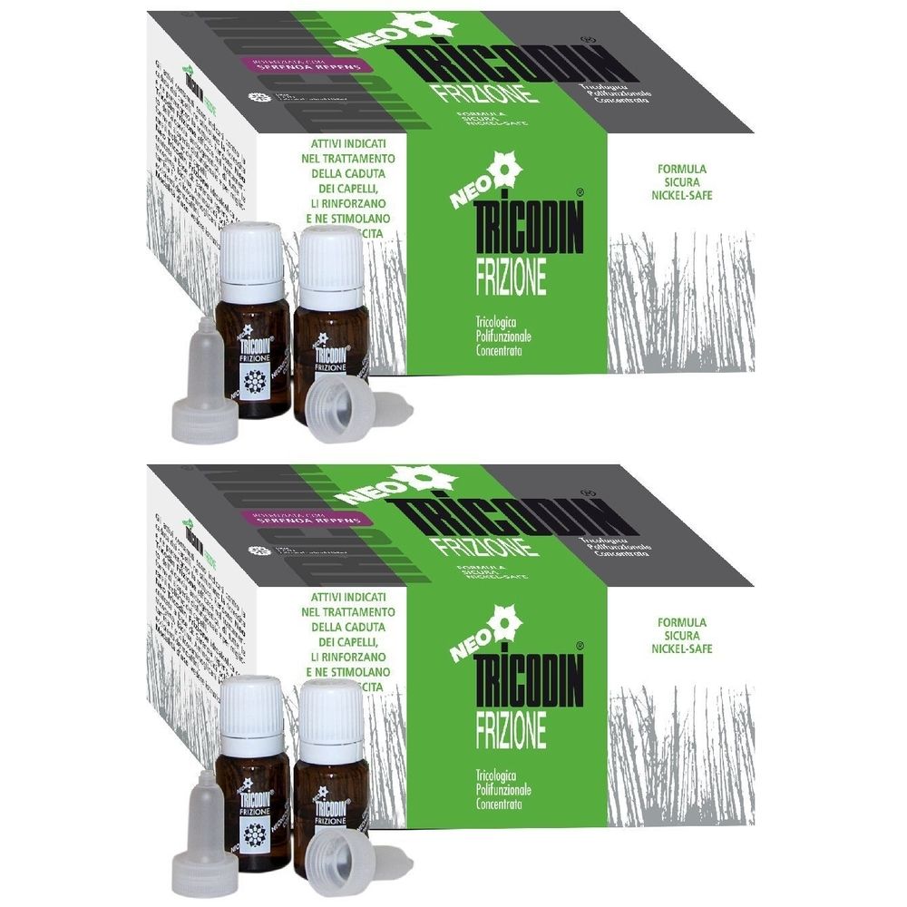 Due confezioni prodotto con flaconi e applicatori. Scritta: NEO TRICODIN FRIZIONE.