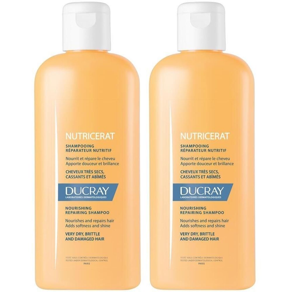 Due flaconi di shampoo Nutricerat Ducray. Per capelli secchi, fragili e danneggiati. Testo in francese e inglese.