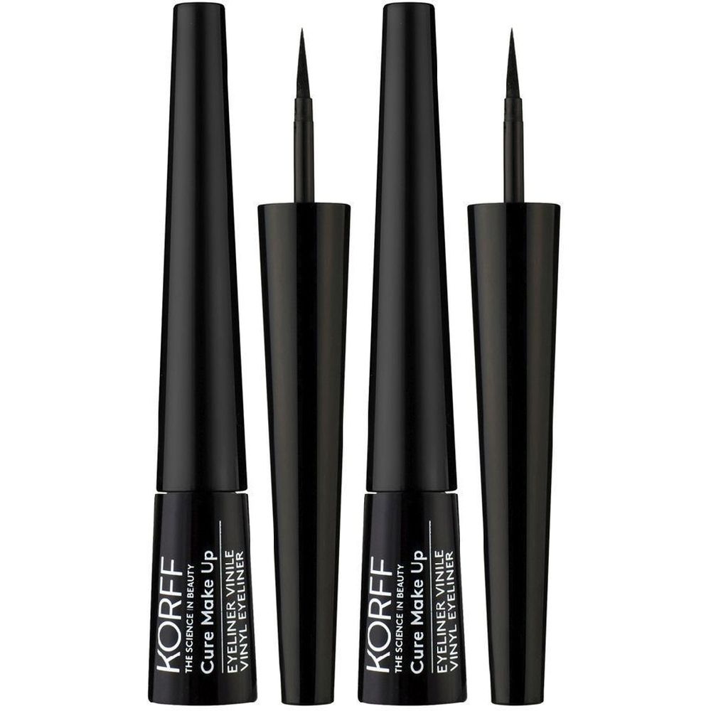 Due eyeliner neri con punta sottile. Sulle confezioni è scritto "KORFF Cure Make Up".